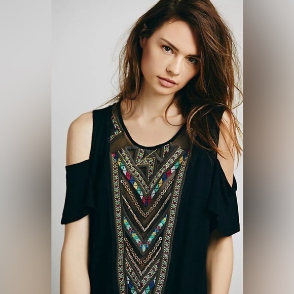 Free People Tops - Free People Black Top with Aztec Embellished Design